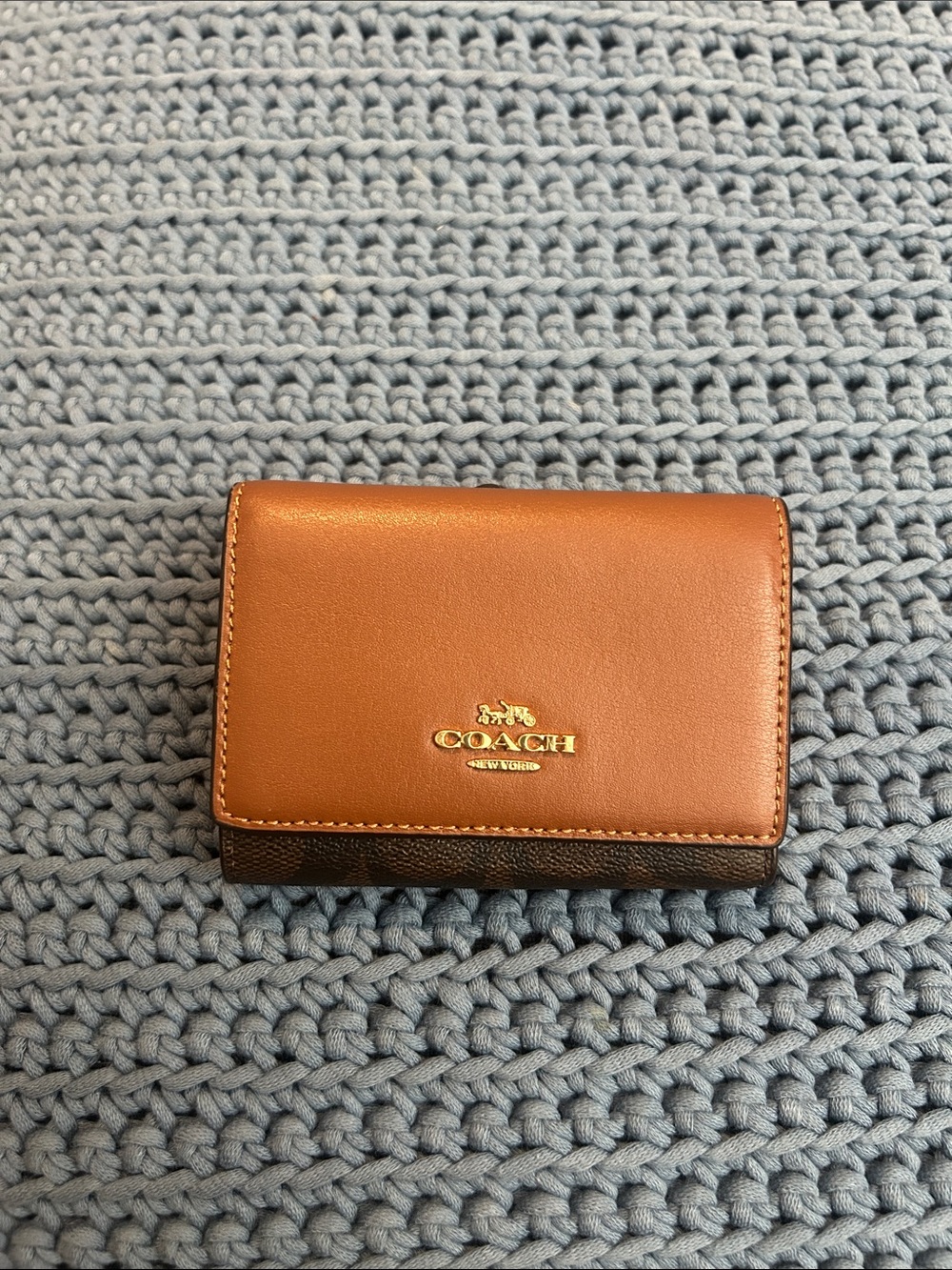 Coach Tan and Brown Leather Compact Card Holder with Gold Logo